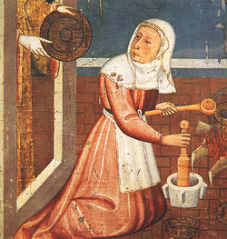 Dona fent servir un morter. Detall del retaule de Santa Anna de Pere Vall, procedent de Cardona (ca 1405-1411)
